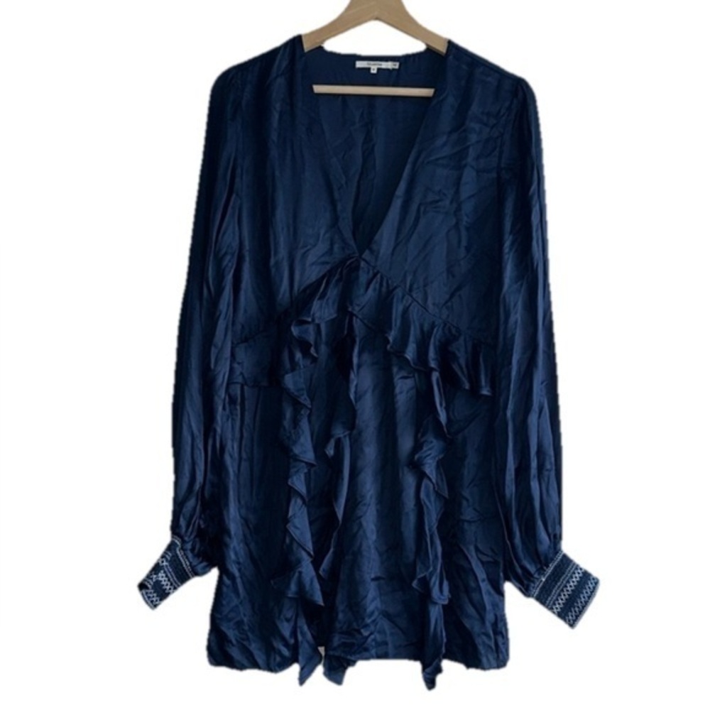 Tularosa Satin Elegant Navy Blue V Neck Long Sleeve Dress Sz. M